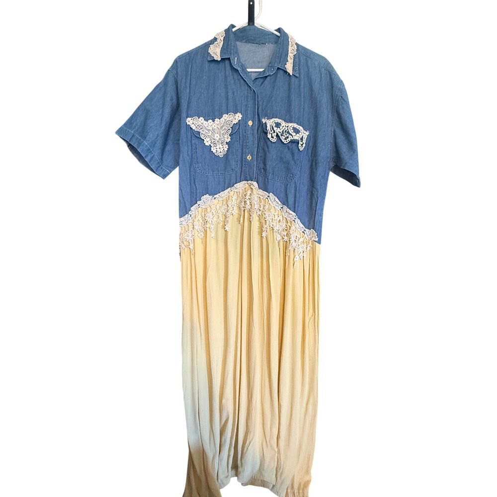 Vintage Denim and Lace Mixed Media Maxi Dress Blue Yellow Cottagecore